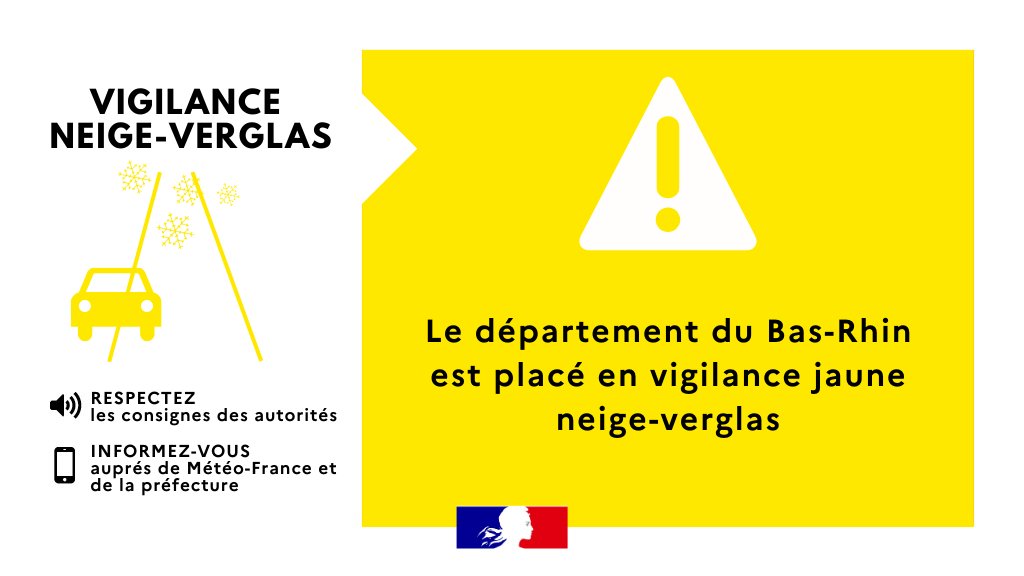 Image de Préfet de région Grand Est du Bas-Rhin - #VigilanceMétéo | Le #BasRhin est placé en vigilance jaune 🟡 neige-verglas par Météo-France, à part