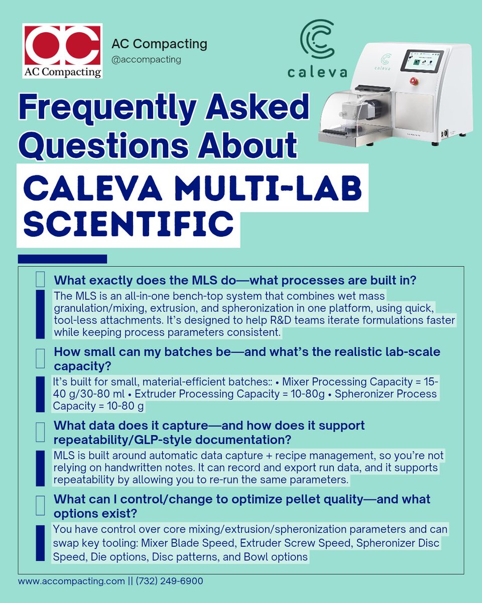 ACCompacting's tweet photo. One system. Multiple processes. Reliable data.

The Caleva Multi-Lab Scientific integrates granulation, extrusion &amp; spheronization for efficient lab-scale pellet development—with repeatable parameters and automatic data capture.

➡️ Learn more: https://t.co/j4URP69tcK https://t.co/bNqcnwnuIo