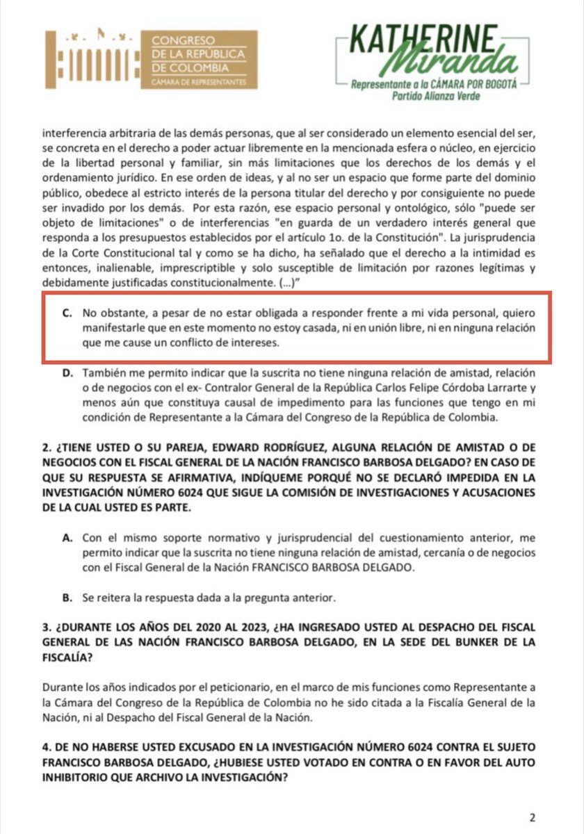 En 2023, la Rep. <a href="/KatheMirandaP/">Katherine Miranda🌻VERDE 2</a> mintió pública y descaradamente en su respuesta a un derecho de petición elevado por el periodista Gonzalo Guillén (<a href="/HELIODOPTERO/">Gonzalo Guillén</a>), afirmando que no tenía ninguna relación íntima con el entonces congresista Edward Rodríguez, quien hoy la confirma.