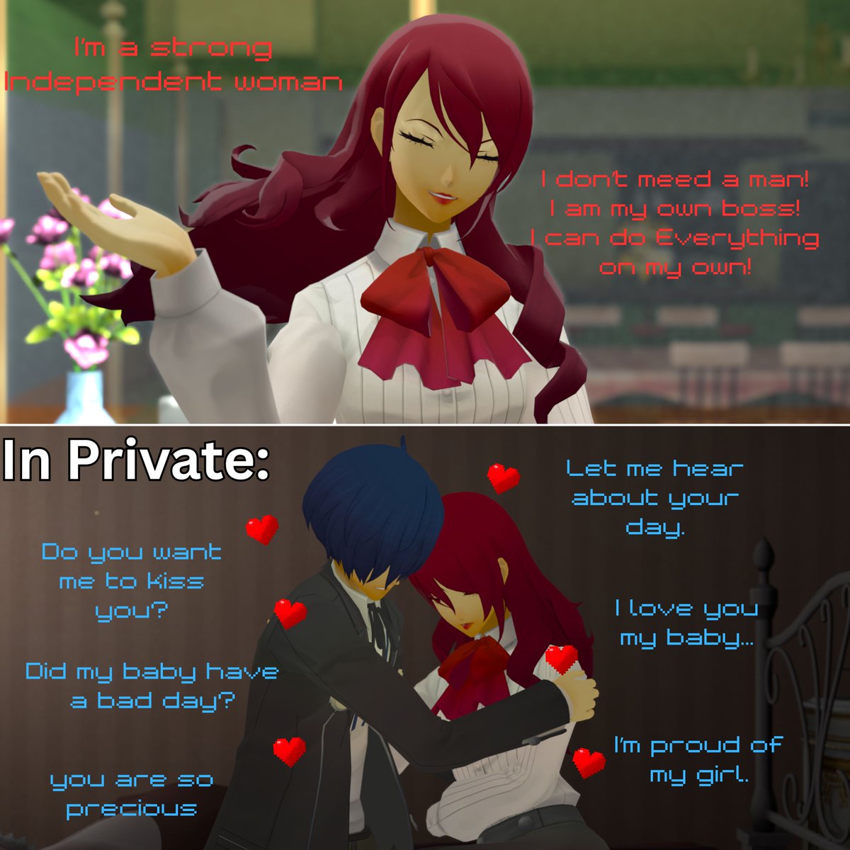 orthadoleuse's tweet image. Mitsuru's public appearance vs private appearance

Shout out to @LuminaryOfAges for the shaders. I really like how they look on the P3R models.

#shumitsu #persona3reload #persona3 #yukimakoto #mitsurukirijo #blender