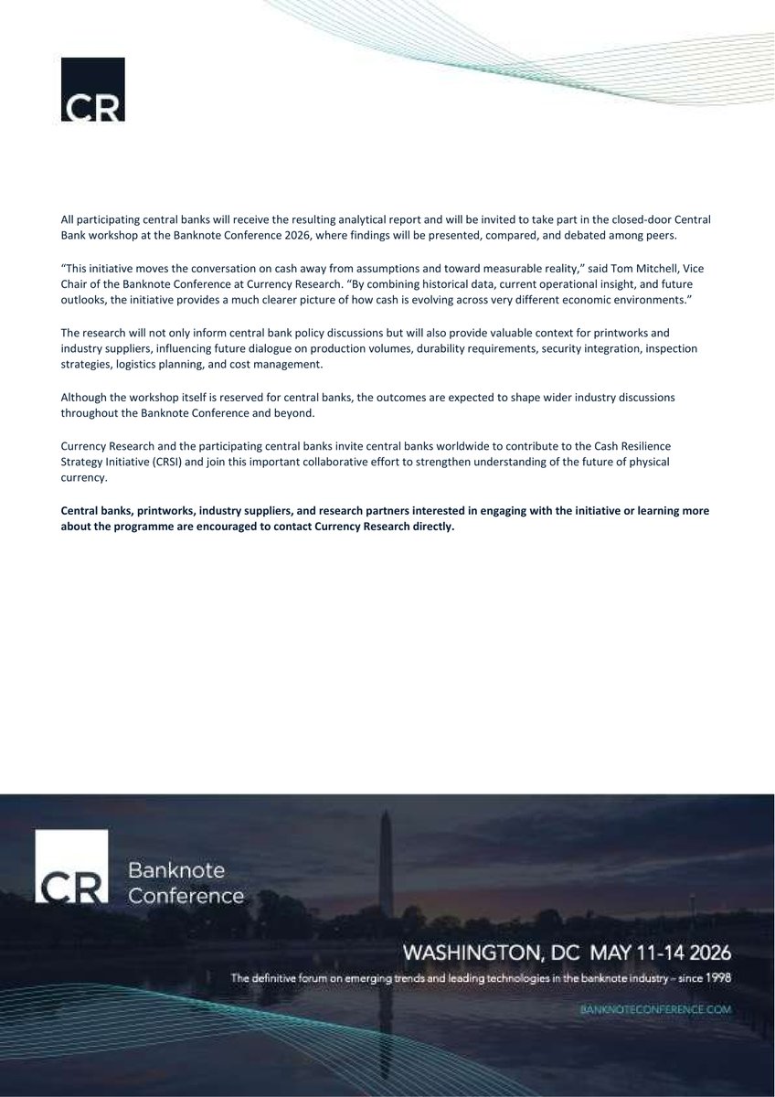 CurrencyResearc's tweet photo. Is cash evolving fast enough? 🌍💵

Currency Research launches the Cash Resilience Strategy Initiative (CRSI) to track global trends and the future of physical money.

📎 Download the press release &amp; join the webinars: https://t.co/b1AVT10yd5

#CRSI #FutureOfCash #CentralBanks https://t.co/Ma44rAQbMI
