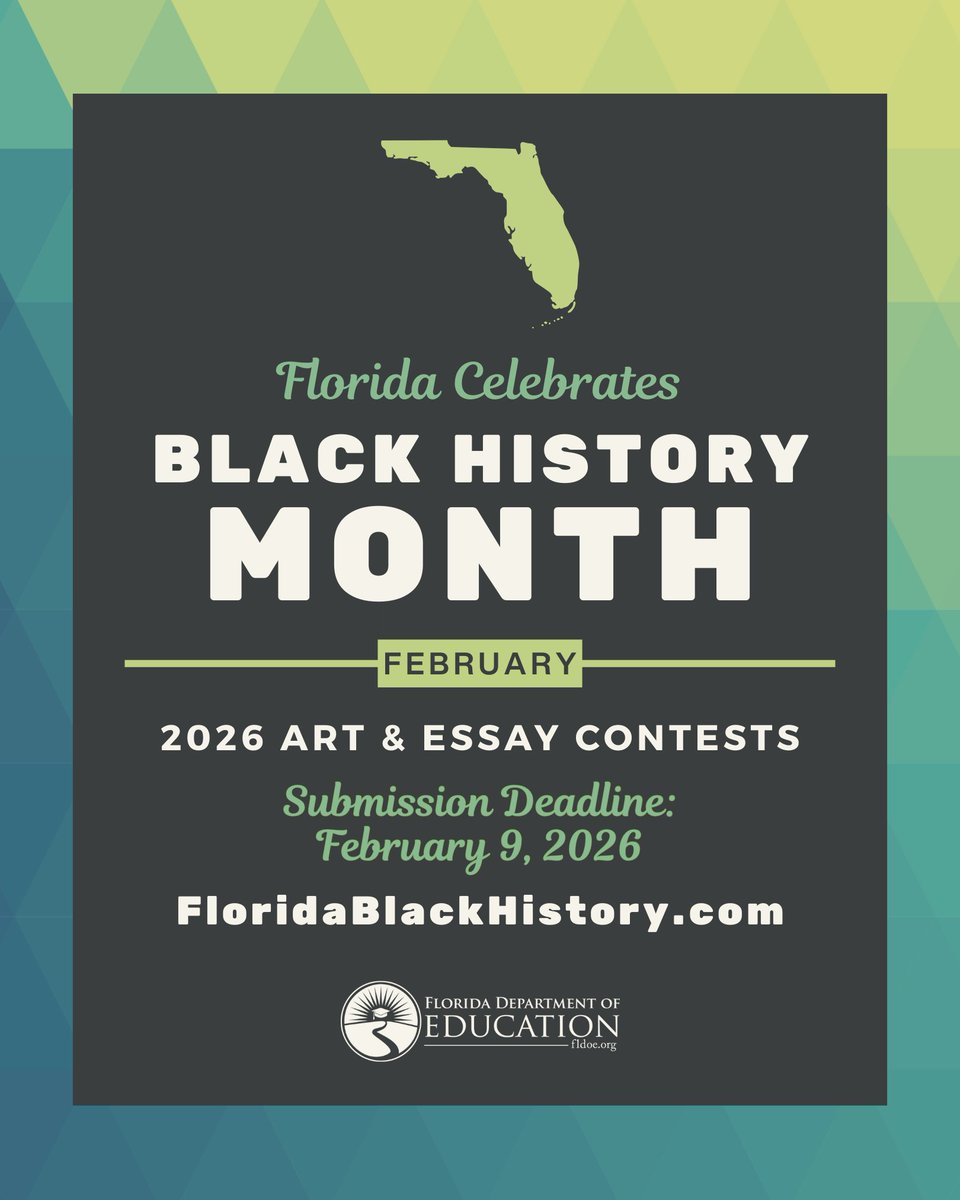 Today, the Florida Department of Education and <a href="/VolunteerFla/">Volunteer Florida</a> announced the 2026 Black History Month contests. Six winners will be awarded a 2-year Florida College Plan scholarship provided by <a href="/FloridaPrepaid/">Florida Prepaid</a>. All K-12 #FloridaStudents are encouraged to participate.
Read the full