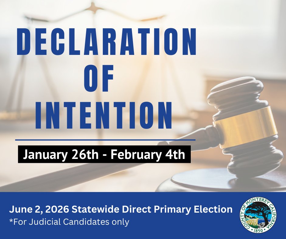 Judicial candidates: The Declaration of Intention period is now open for the June 2, 2026, Statewide Direct Primary Election. More info: tinyurl.com/nhdb6y9d