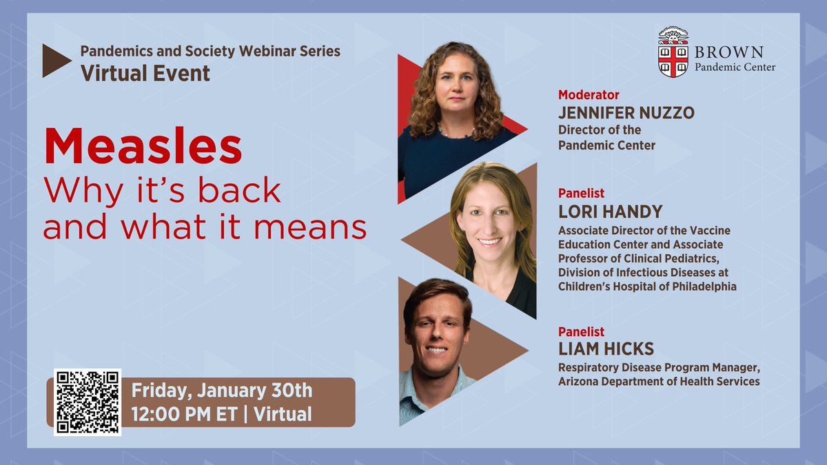 pandemiccenter's tweet photo. Join us this Fri at 12PM ET for a conversation on
#Measles, discussing a variety of topics including the rapid rise of US cases since Jan 2025.

@JenniferNuzzo leads a panel w/ Lori Handy,
@ChildrensPhila  &amp; Liam Hicks, #AZDHS.

Register now:
https://t.co/mRIpYD5zTK https://t.co/0qZkQT7XU3