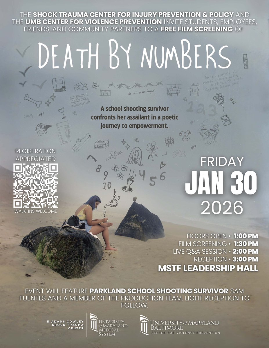 shocktrauma's tweet photo. Join us for a free screening of Death by Numbers on Friday, January 30, 2026, at 1:00 PM in @UMBaltimore's MSTF Leadership Hall at the University of Maryland School of Medicine (@UMmedschool), 685 W. Baltimore Street (entry from HSF I), Baltimore, MD. https://t.co/4B477mHizZ