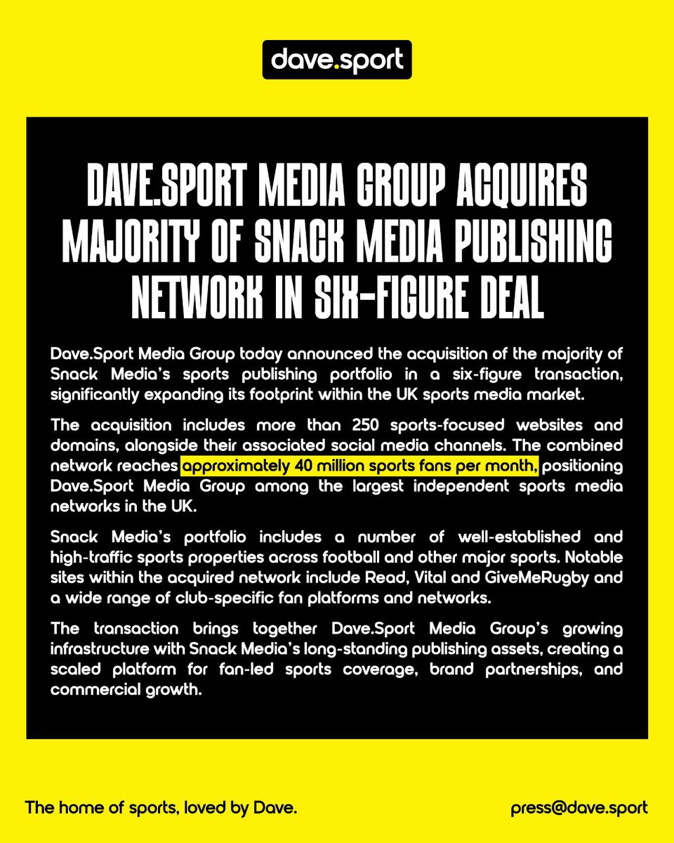 davedotsport's tweet photo. ANNOUNCED! @davedotsport acquire majority of @snackmedia publishing network in 6 figure deal.

https://t.co/FTSox5Pr1q https://t.co/vJ5ruiiUoU