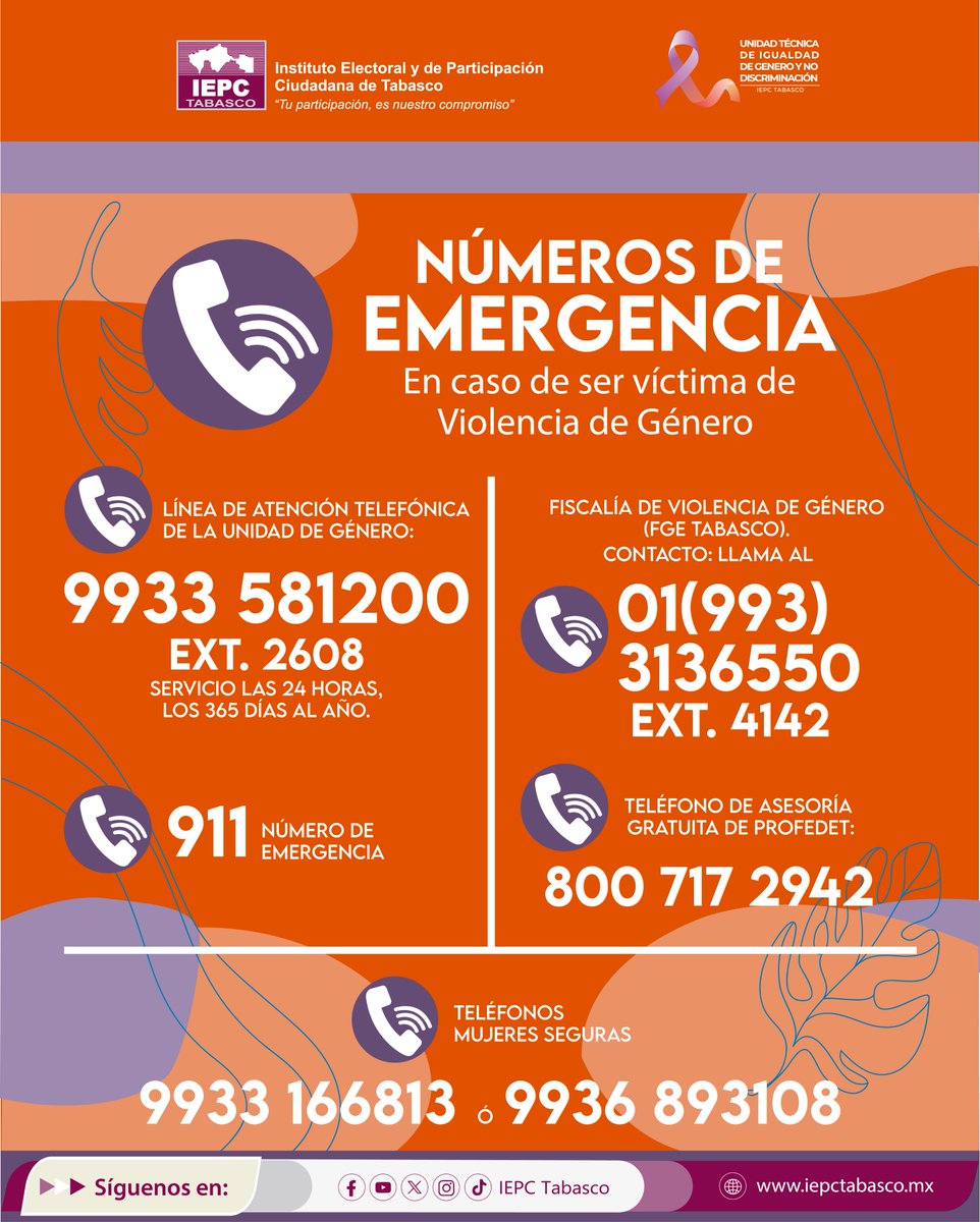 IEPCTabasco's tweet image. En caso de ser   víctima de Violencia de Género #IEPCTabasco pone a disposición los siguientes números de emergencia.

"Tu participación es nuestro compromiso".
iepctabasco.mx