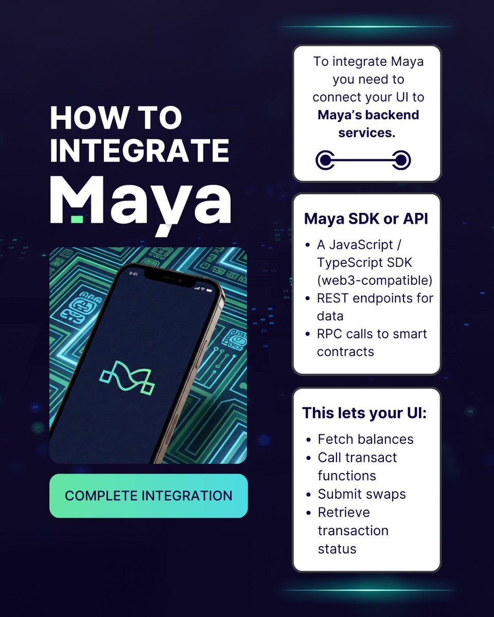 📲To integrate Maya, your UI only needs 3 things:

1. A frontend 
2. A wallet connection 
3. API or SDK to handle routing &amp; logic

That's it! You build the interface, Maya handles the liquidity. 😉

🛠️Check <a href="/SwapKitPowered/">SwapKit.dev</a> and <a href="/xchainjs/">XChainJS</a>  for the tooling. It makes connecting