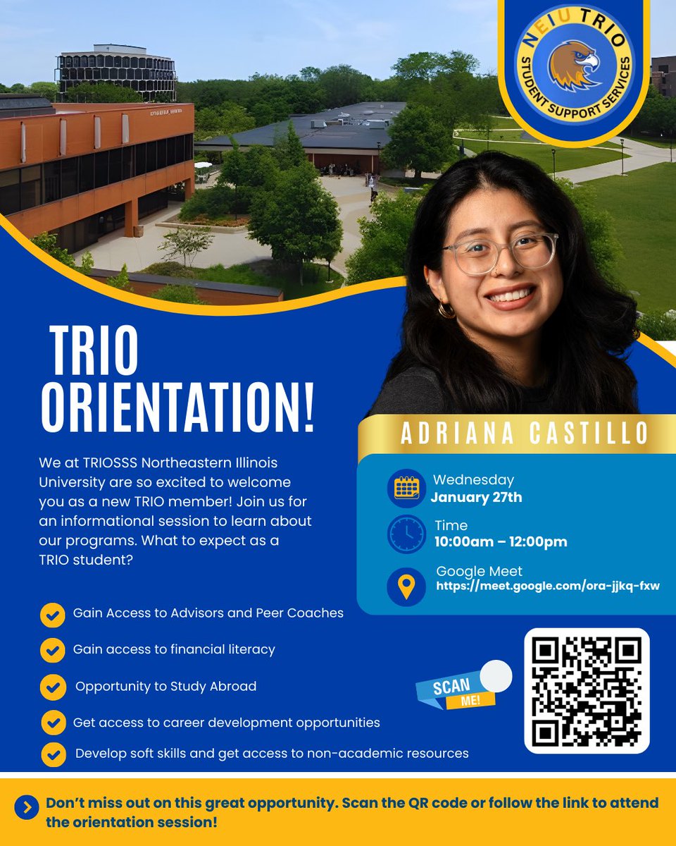 NEIUTRIO's tweet image. New Member Orientation!

In this informational session, students can learn about TRIO programs, resources, and opportunities on January 26th and January 27th.

Don't miss this opportunity! Scan the QR code or sign up using the link:
meet.google.com/ora-jjkq-fxw 

#TRIOSSS