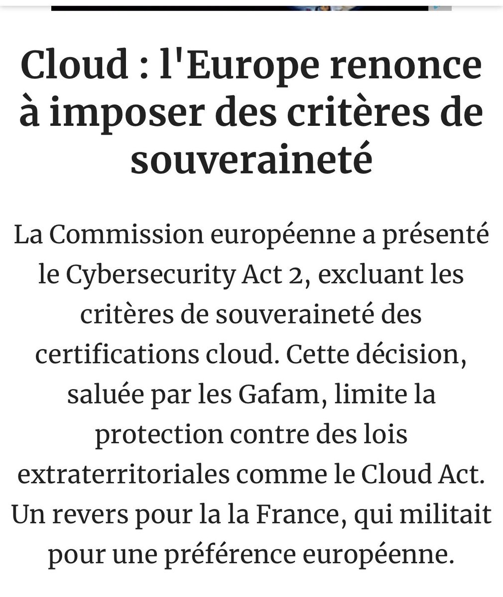 Arnaud_Le_Gall_'s tweet photo. L’Union européenne abandonne l’e projet de « cloud souverain », et abdique une fois de plus face aux seigneurs étasuniens du numérique qui pillent les données des européens. 
Notre indépendance vis-à-vis des États-Unis n’a jamais été aussi essentielle, et la commission se comporte en vassal de  Trump. Irresponsable, pas en en notre nom.