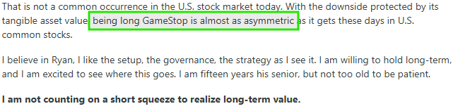 Burry with a defining $GME quote here: "Being long GameStop is almost as asymmetric as it gets these days in U.S. common stocks."

Wow. Bullish.