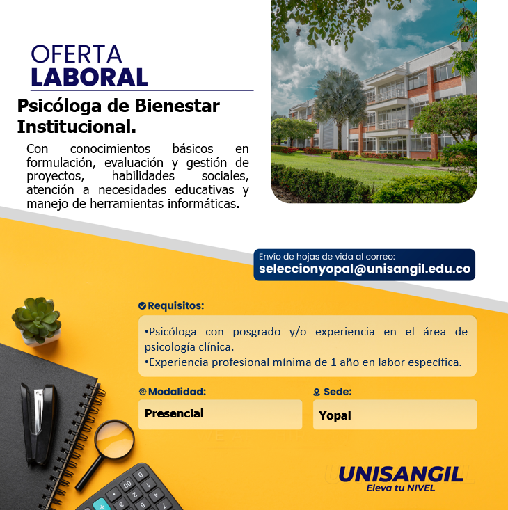 HumanoYopal's tweet photo. 📢 Convocatoria Laboral | UNISANGIL – Sede Yopal
Buscamos Psicóloga de Bienestar Institucional para el rol en línea psicosocial, con experiencia en atención e intervención de jóvenes y población universitaria. https://t.co/M8Jnk70KOc