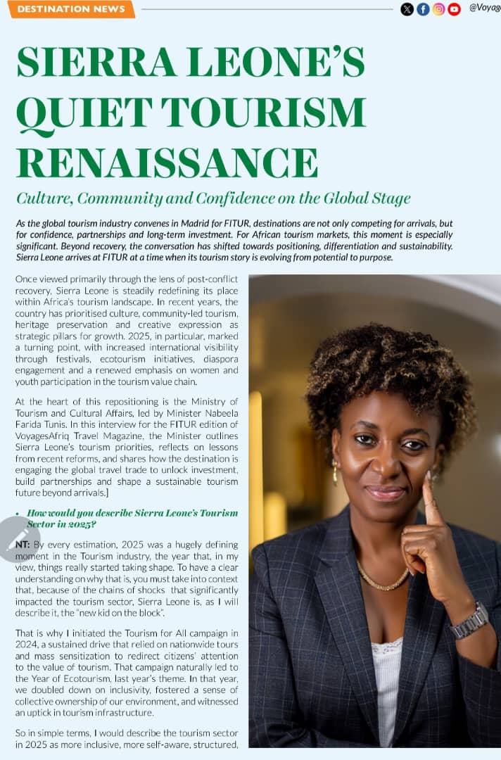 VisitSL's tweet photo. Africa’s premier travel and tourism magazine, Voyages Afriq, spotlights Sierra Leone as an emerging tourism hotspot—celebrating its rapid growth, strong investment prospects, and growing global recognition as a must-visit destination.
#VSLTourismUpdates #VSLTravel #VisitSierraLeone #TourismGrowth #VoyagesAfriq  #SierraLeoneourism #TourismInvestment