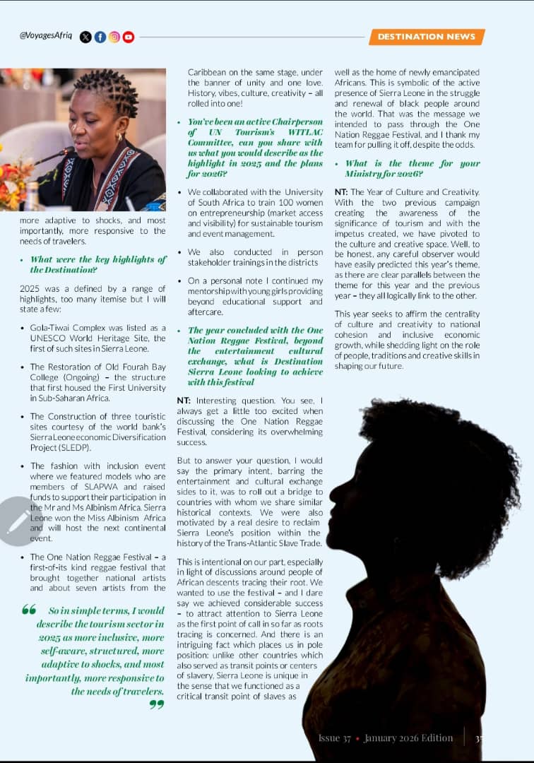 VisitSL's tweet photo. Africa’s premier travel and tourism magazine, Voyages Afriq, spotlights Sierra Leone as an emerging tourism hotspot—celebrating its rapid growth, strong investment prospects, and growing global recognition as a must-visit destination.
#VSLTourismUpdates #VSLTravel #VisitSierraLeone #TourismGrowth #VoyagesAfriq  #SierraLeoneourism #TourismInvestment