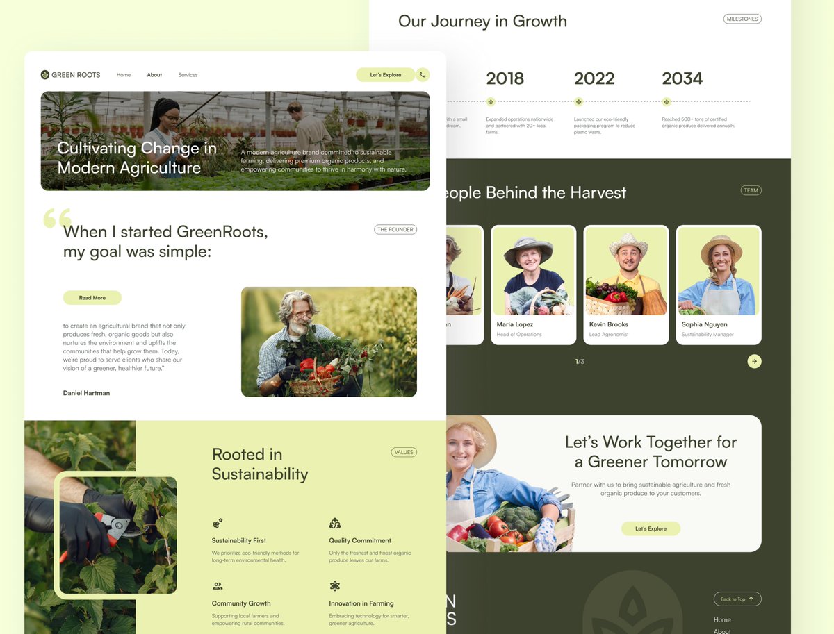 GreenRoots – Agriculture Website UI in <a href="/figma/">Figma</a> helps agriculture brands present products, processes, and sustainability efforts with clarity. Clean layouts, earthy visuals, and structured sections make it easy for visitors to understand what’s grown, how it’s sourced, and why it