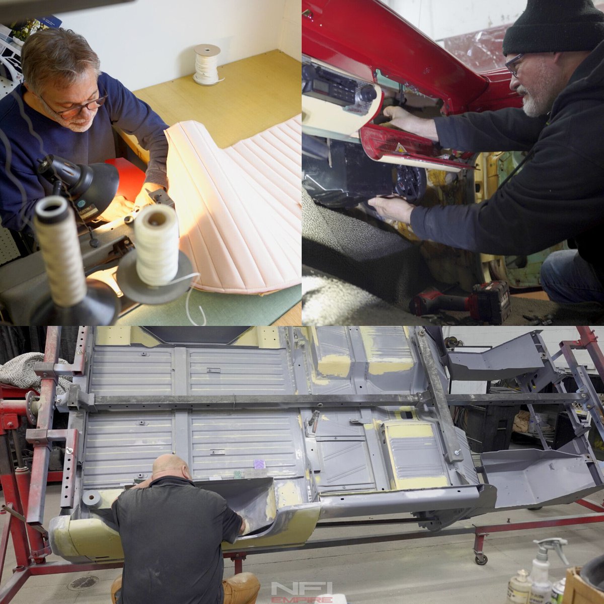 NFIEmpire's tweet photo. The shop is always buzzing with projects! Dave is handling a @vintageair install, Charge is hard at work on seats for a custom interior, and Brian is back handling the body work on our other bronco project! #shopwork #busy #projects #custombuild https://t.co/UIFRSrPA79
