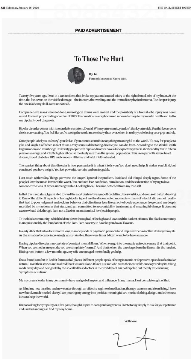 dailyzest's tweet image. 🚨Ye, fka Kayne West, takes out a full-page WSJ ad apologizing for past antisemitic remarks, saying he “lost touch with reality” and attributing it to neurological damage after his 2002 car crash.