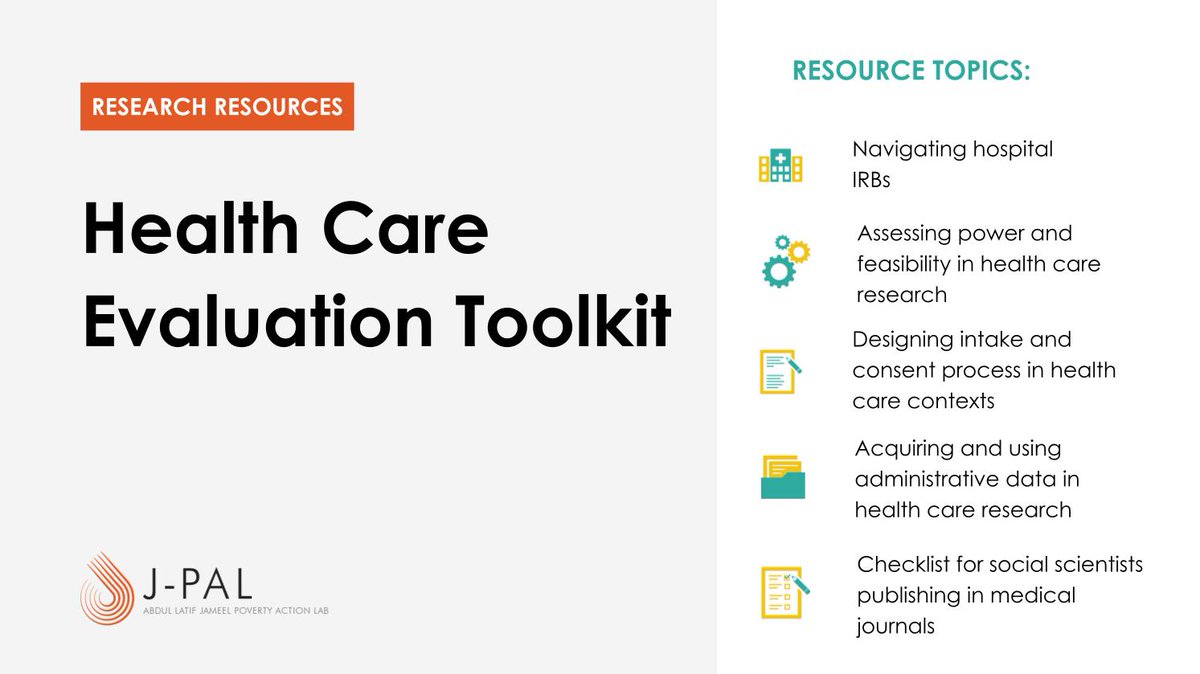 JPAL_NA's tweet image. A collection of #ResearchResources from @JPAL_NA provides guidance for researchers conducting #RCTs in health care. Topics include: 
📑Publishing in a medical journal
🏥Navigating hospital IRBs
🔢Power calculations for health-related studies
j-p.al/p11