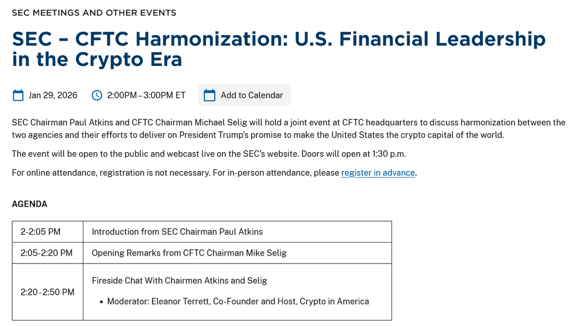 🚨 JUST IN: US-REGULATOREN GEHEN LIVE Die SEC und CFTC ziehen diese Woche  öffentlich die Krypto-Linien. 📅 Donnerstag, 29. Januar ⏰ 20:00–21:00 Uhr  MEZ (2–3 PM ET) 📡 Livestream auf der SEC-Website
