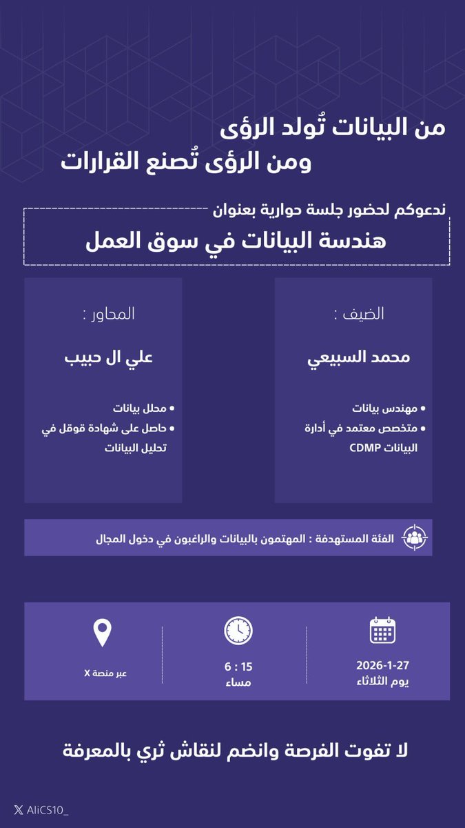 AliCS10_'s tweet image. استكمالًا لرحلة التعرّف على مجال البيانات

يسعدني استضافة محمد السبيعي @MAlSubaie21 

راح نتعرّف على رحلته في مجال البيانات 

يسعدنا حضوركم بكرا الساعة ٦:١٥ ان شاءالله