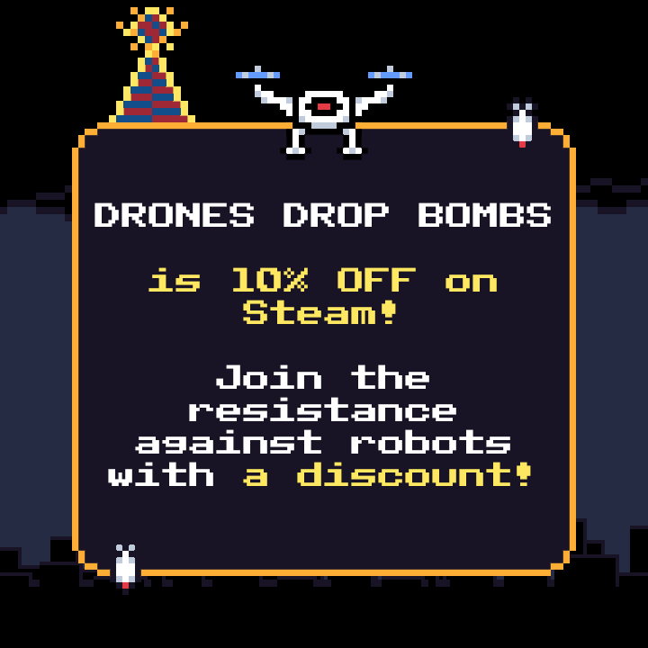 DronesDropBombs's tweet photo. 💜Thank you for your amazing support during game release!💜

Drones Drop Bombs will stay at 10% release discount on Steam for several days, so be sure to check it out while the price is down!

https://t.co/Y4qGR7r9AM https://t.co/plBuffxKWs