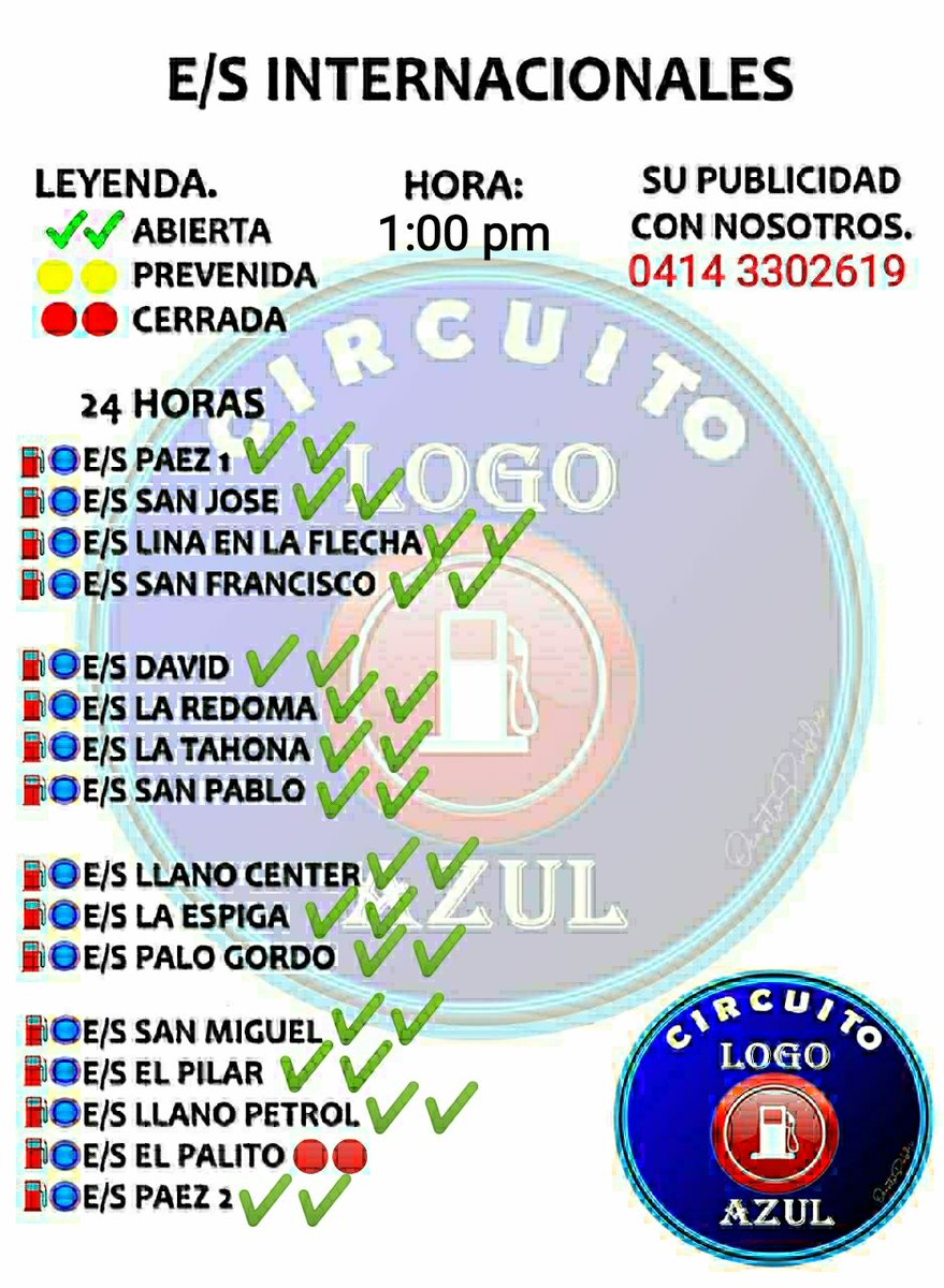 ⛽ Hora: 1:00 p. m
#26deenero
Reporte de usuarios y colaboradores.
Del Circuito Logo🔵Azul

C.L.🔵A

⛽ 15 estaciones de servicio activas en este momento.

Vamos Acarigua