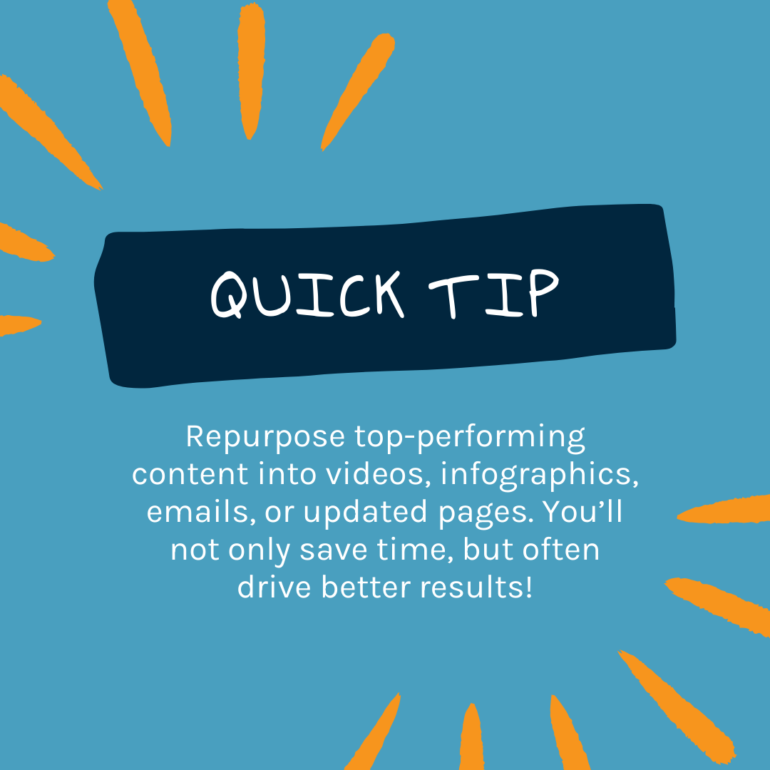 Content tip: Before you dive into writing something new, check what’s already working.

Repurpose content into videos, infographics, emails, or updated pages. You’ll not only save time, but often drive better results.

Your audience already loves it. Give it new life!