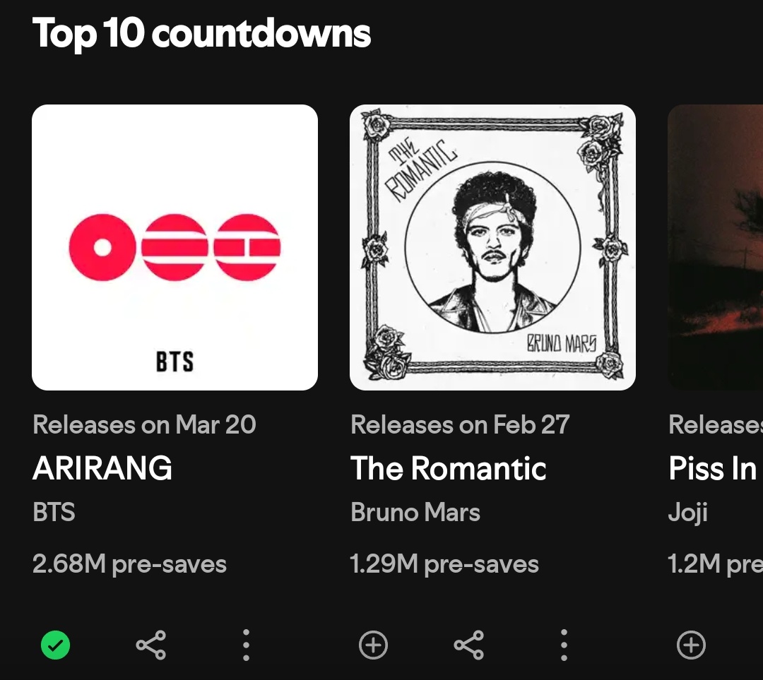 pjmIesviu's tweet image. 🚨 DIFUNDAN MORADAS! La meta es llegar a los 7M preguardados y ir por este récord pero estamos disminuyendo cada dia, SIGAN DIFUNDIENDO EN OTRAS REDES🫵

—Album más preguardado: 5.88M
— #BTS_ARIRANG: 2.68M (+60k)
👉 GAP: 3.2M‼️

PRE SAVE ARIRANG
ARIRANG IS COMING
#BTSComeback2026