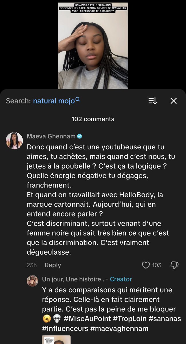 papotagex's tweet image. Comparer de la discrimination à leurs produits sortis tout droit d’Aliexpress et de Temu ça ne va tellement pas dans la tête des influenceuses elle a juste voulu rappeler à cette jeune femme qu’elle subissait tout les jours des remarques raciales.#sananas #maevaghennam #hellobody
