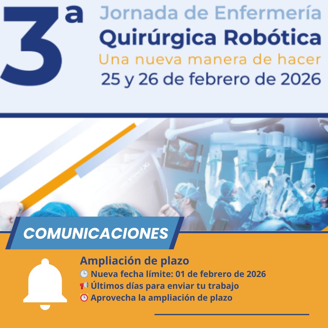 AeeqSpain's tweet photo. 📢 Ampliamos plazo de comunicaciones
🕒 Nueva fecha límite: 1 de febrero de 2026
3ª Jornada de Enfermería Quirúrgica Robótica
🗓️ 25-26 febrero
📍 Barcelona (COIB)
👉 Normativa: https://t.co/xYvyRHUfEt https://t.co/5qCO03SmJT