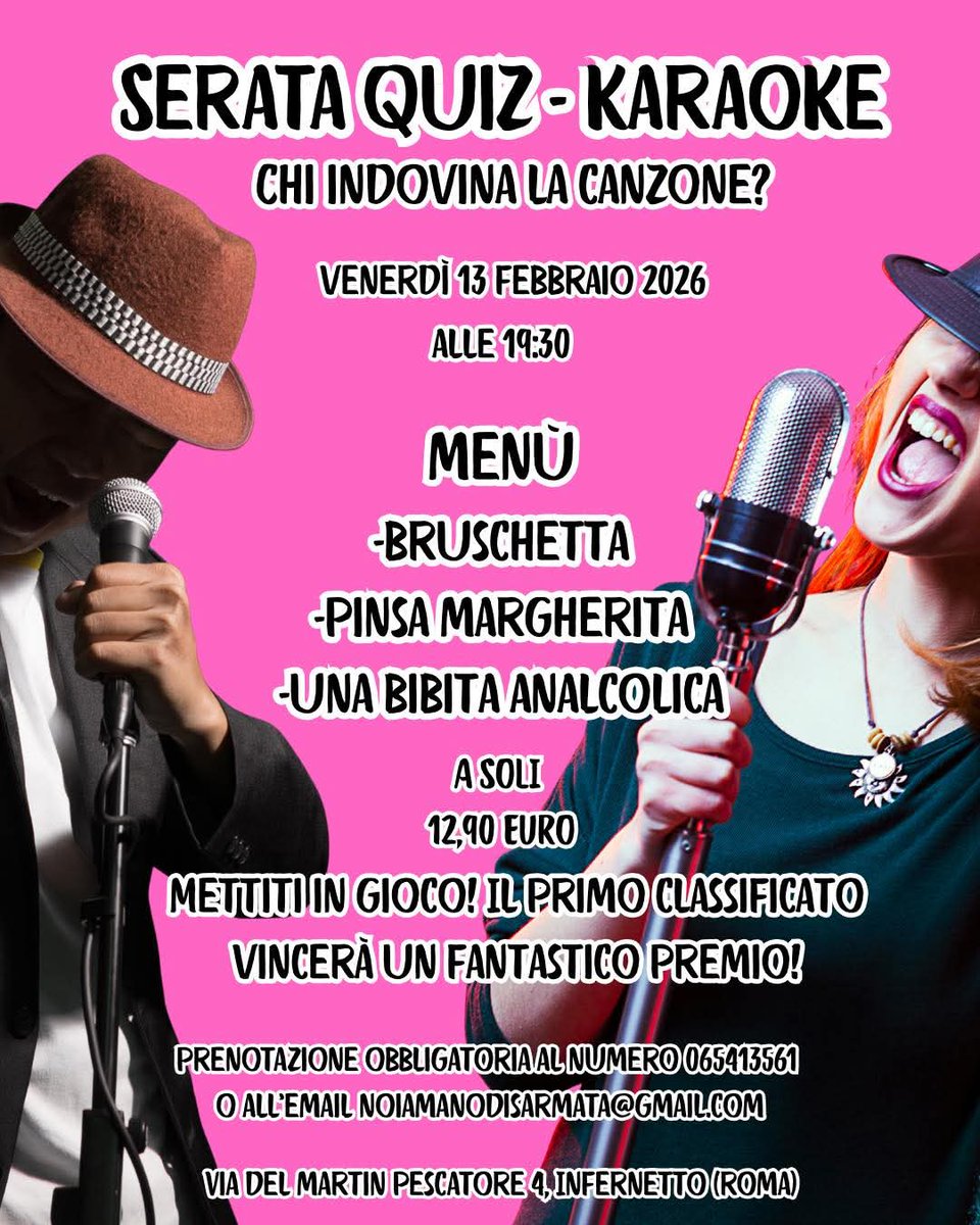 🎤❓ SERATA QUIZ &amp; KARAOKE: CHI INDOVINA LA CANZONE? ❓🎤 

🎶 Vieni a passare la serata più divertente di sempre con il party a tema quiz-karaoke 

📅 Venerdì 13 febbraio, alle 19:30, indovina le canzoni misteriose e prova a vincere un fantastico premio 

PRENOTATE!