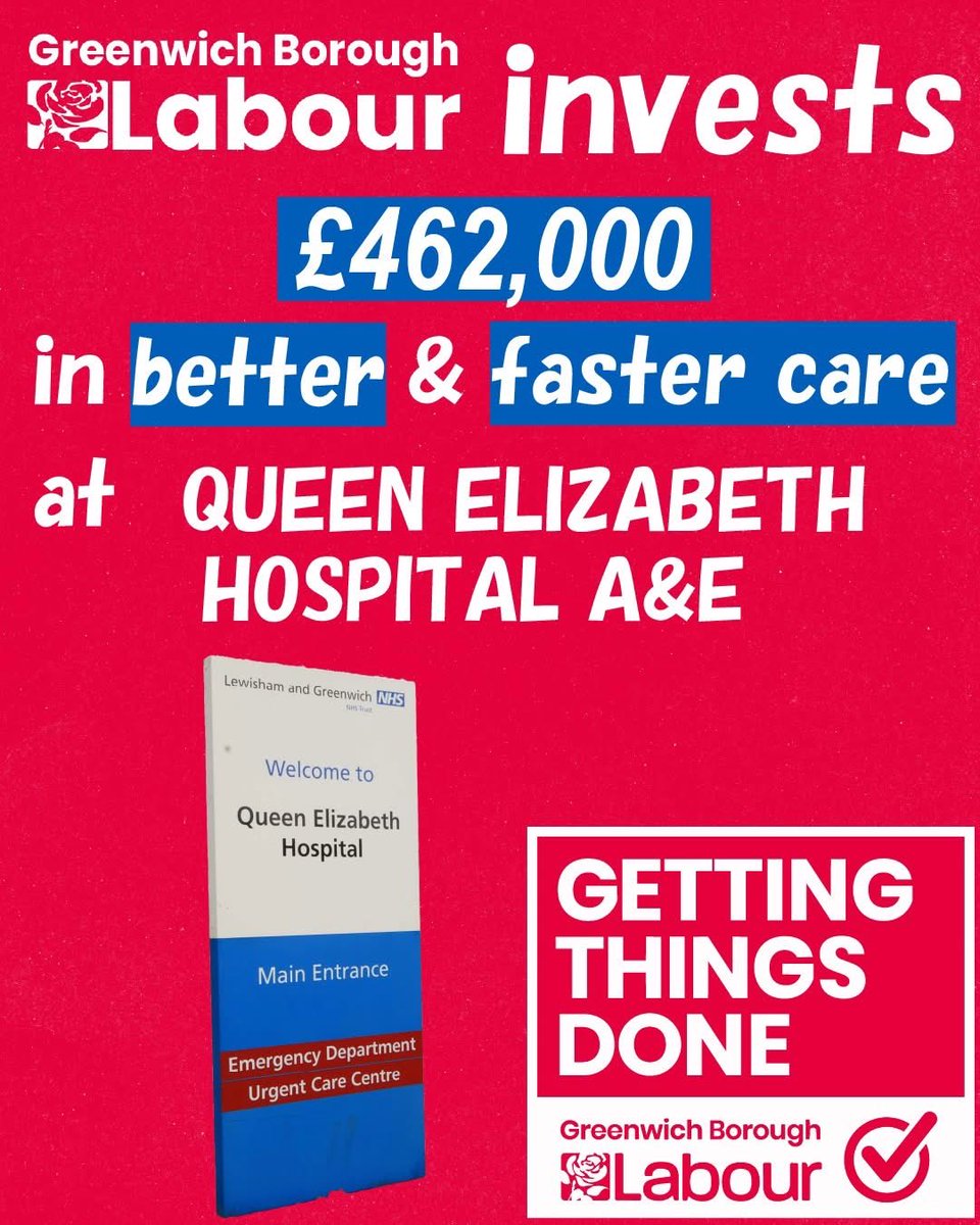🚑 Big news for Greenwich!

Greenwich Borough Labour is investing £462,000 into Queen Elizabeth Hospital A&amp;E - boosting frontline care, easing pressure on staff, and helping patients get the urgent treatment they need, when they need it.