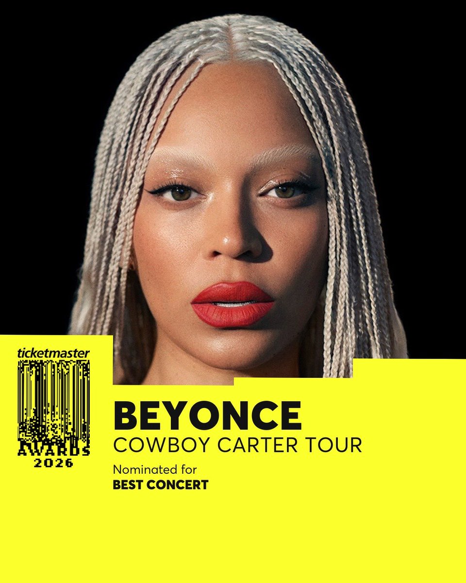 beyzhive's tweet photo. Beyoncé’s COWBOY CARTER Tour has been nominated for ‘Best Concert’ at the 2026 Ticketmaster Awards.

🐝 Voting opens today and closes on February 1st at 11:59 pm.
🐝 The awards are 100% fan-voted.
🐝 This year, voters will be entered into a prize draw to win a £150 Ticketmaster Gift Card.
 
Vote Now: https://t.co/fQAsSUKE6i
