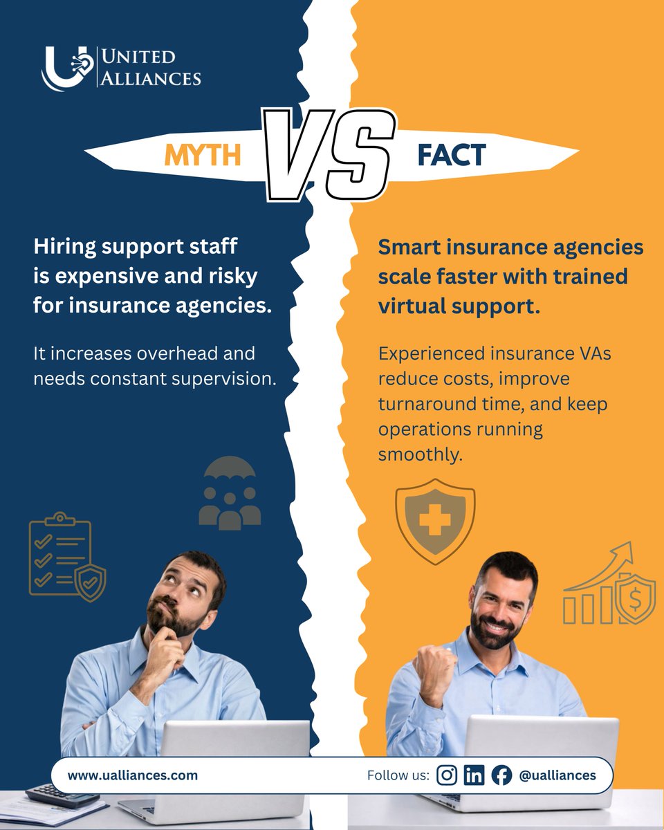 Ualliances1's tweet image. Myth: Hiring support staff is expensive and risky 
Fact: Insurance agencies scale faster with trained virtual support
Efficiency drives growth.
#InsuranceAgency #MythVsFact #InsuranceOperations #AgencyGrowth