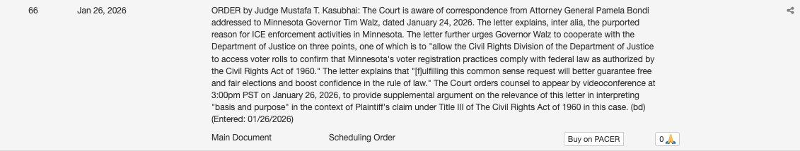 New: Federal judge in Oregon considering DOJ's request for voter information there asks DOJ attorneys to appear today to explain Bondi's letter to Minnesota asking for voter file