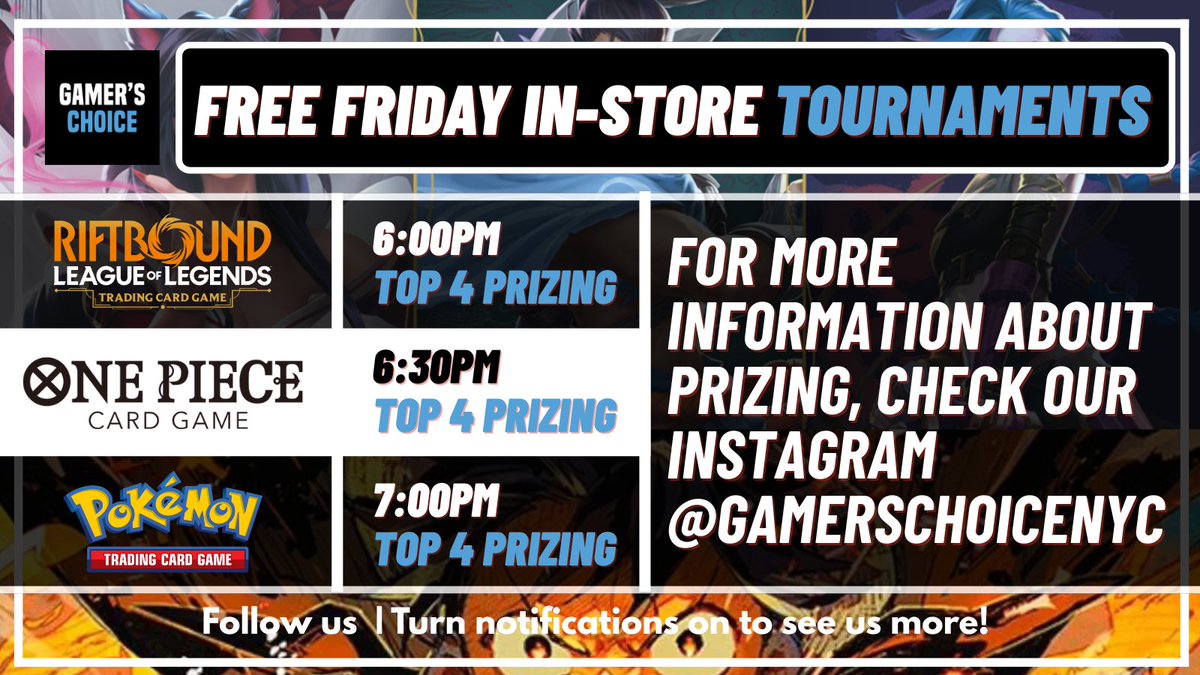 Come join our FREE #tournaments going on today! In-store only. Today we're  running #Riftbound, #ONEPIECE, and #Pokemon! Located: 34-09 Queens Blvd, Long  Island City, NY