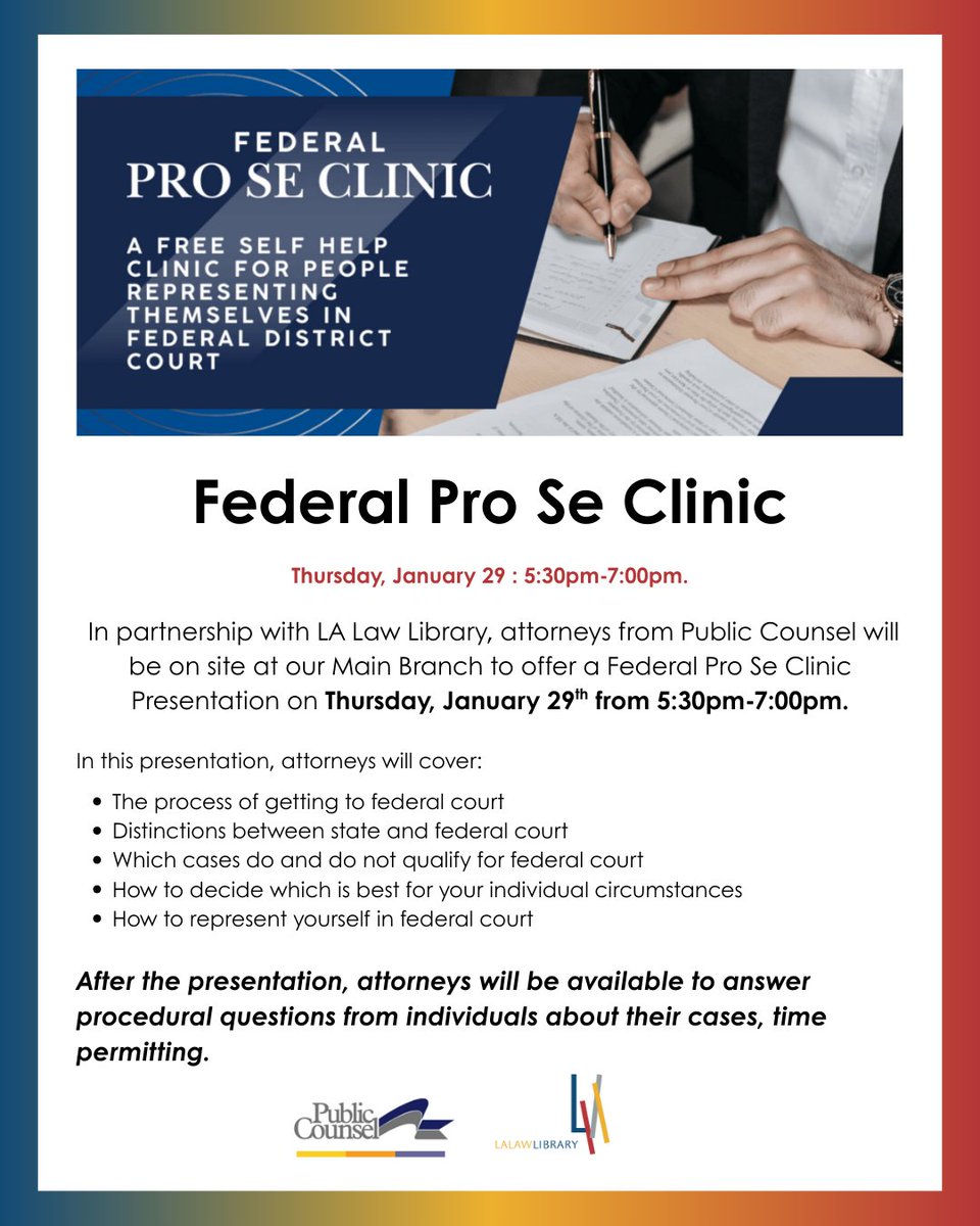 🏛️ Community Legal Aid Socal is offering a free expungement clinic open to qualifying residents of Los Angeles, Riverside, San Bernardino and select areas within Orange County. NO Preregistration. Walk in only, first come first served.

📣Details: lalawlibrary.org/hidden-classes…