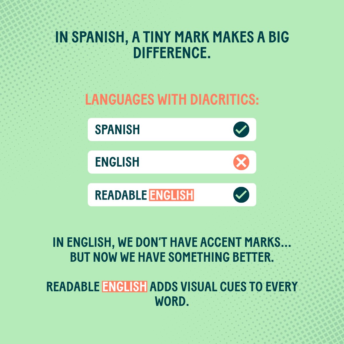 In some languages, a small mark removes all the guesswork.

English never had that, until now.

Readable English adds visual cues to every word, making pronunciation and meaning clear from the start.

#englishlearning #literacyforall #englishmadesimple