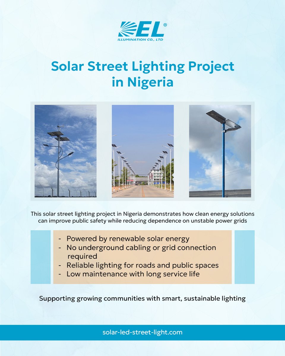 solarledstreet's tweet image. 🌍 Lighting Nigeria with clean solar power ☀️

Off-grid solar street lights deliver reliable, low-maintenance lighting for safer roads and public spaces. 

👉 Explore smart solar solutions: solar-led-street-light.com

#DELillumination #SolarLED #NigeriaProjects #OffGridLighting