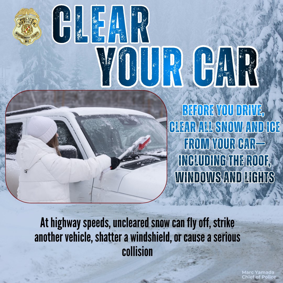 Please stay home &amp; off the roads if you can-giving road crews time to clear the streets! 
If you must drive, clear all snow &amp; ice from your car, especially the roof, windows, &amp; lights. 
Snow left on your car can fly off while driving, shattering windshields &amp; causing collisions.