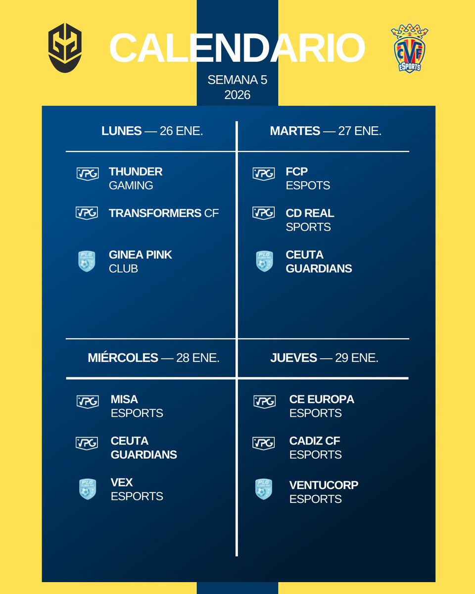 CVFeSports's tweet image. 🗓️ ¡Estos son nuestros enfrentamientos de esta última semana de Enero en #ClubesPro! 💛