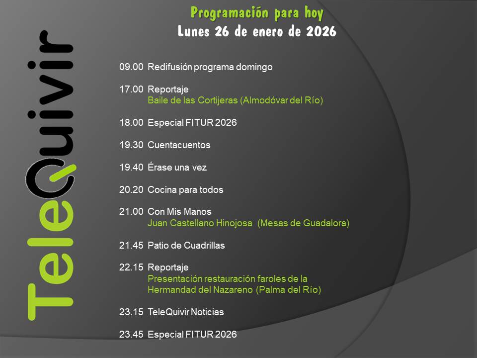 Programación para hoy 26 de enero en TeleQuivir.
Recuerda que puedes ver la televisión de la comarca en abierto en la TDT HD, y si vives fuera de ella, online en nuestros canales de Youtube y Twitch. ¡Suscríbite!
youtube.com/@telequivir/li…
twitch.tv/telequivir