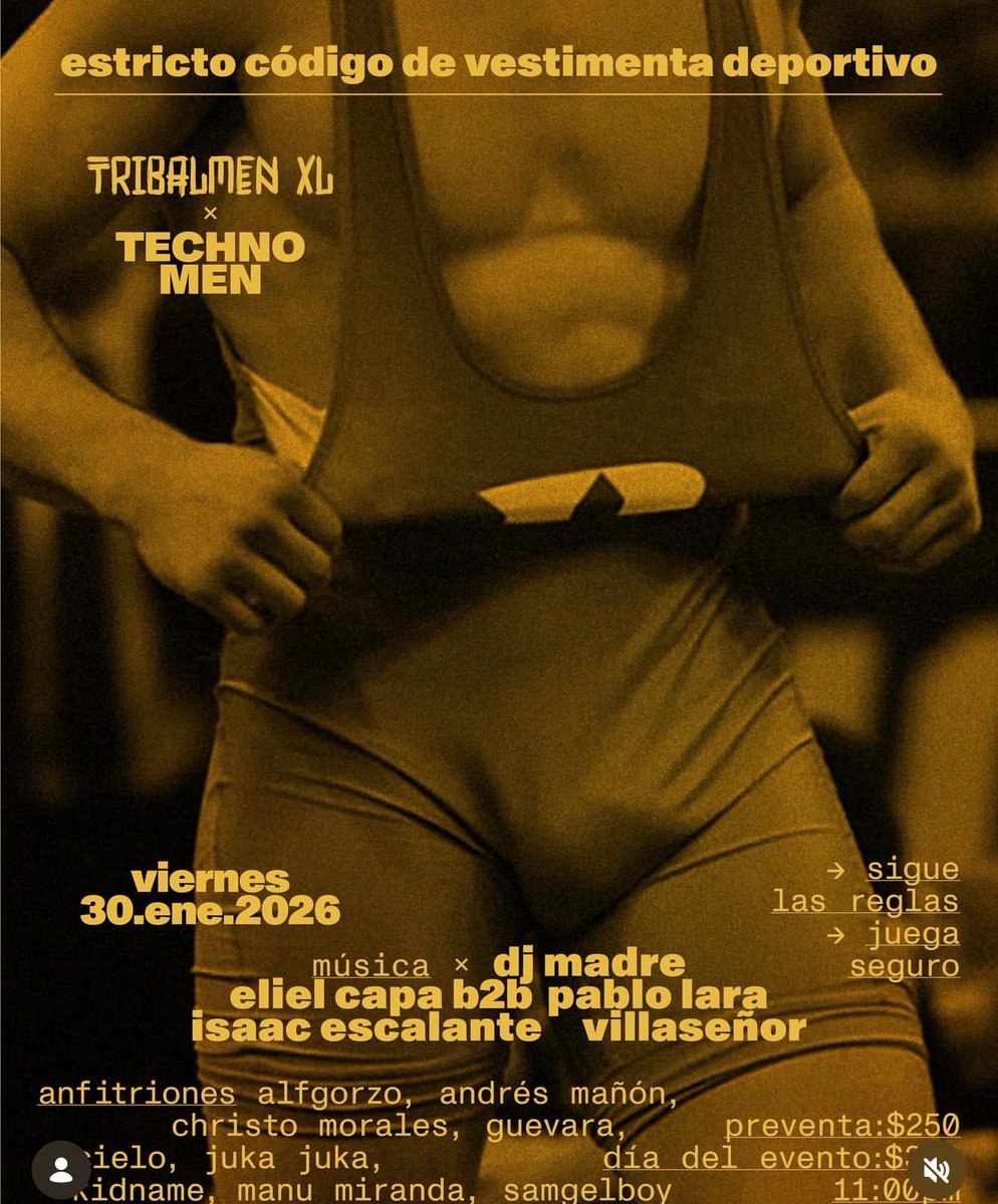 TECHNOMEN x TRIBALMEN XL
30 de enero 2026

Código deportivo estricto.
Techno crudo. Ritual nocturno.

DJ Madre
Eliel Capa b2b Pablo Lara
Isaac Escalante
Villaseñor

Preventa $250 | 11 PM
#TECHNOMEN #TribalMenXL #TechnoCDMX
@TECHNOMENMX