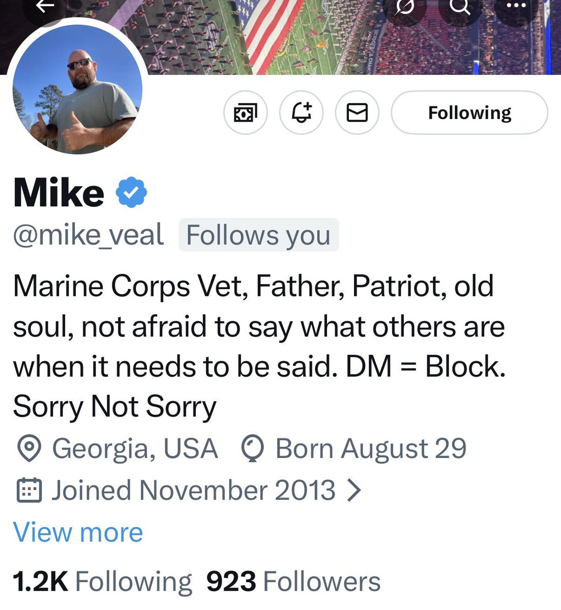 Please meet <a href="/mike_veal/">Mike</a>.

Mike is a Marine Veteran, a father, and a Patriot. 

Please consider supporting Mike. Let’s get him over the 1K mark. 

Thank you for your service. 🫡