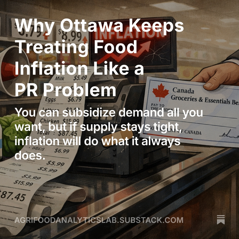FoodProfessor's tweet image. The program’s structure feels familiar. The GST credit can be used for anything. Officially, it is framed as help for groceries and essentials; practically, it is unrestricted cash. We are back in a political comfort zone perfected in the Trudeau era—heavy on slogans, light on…