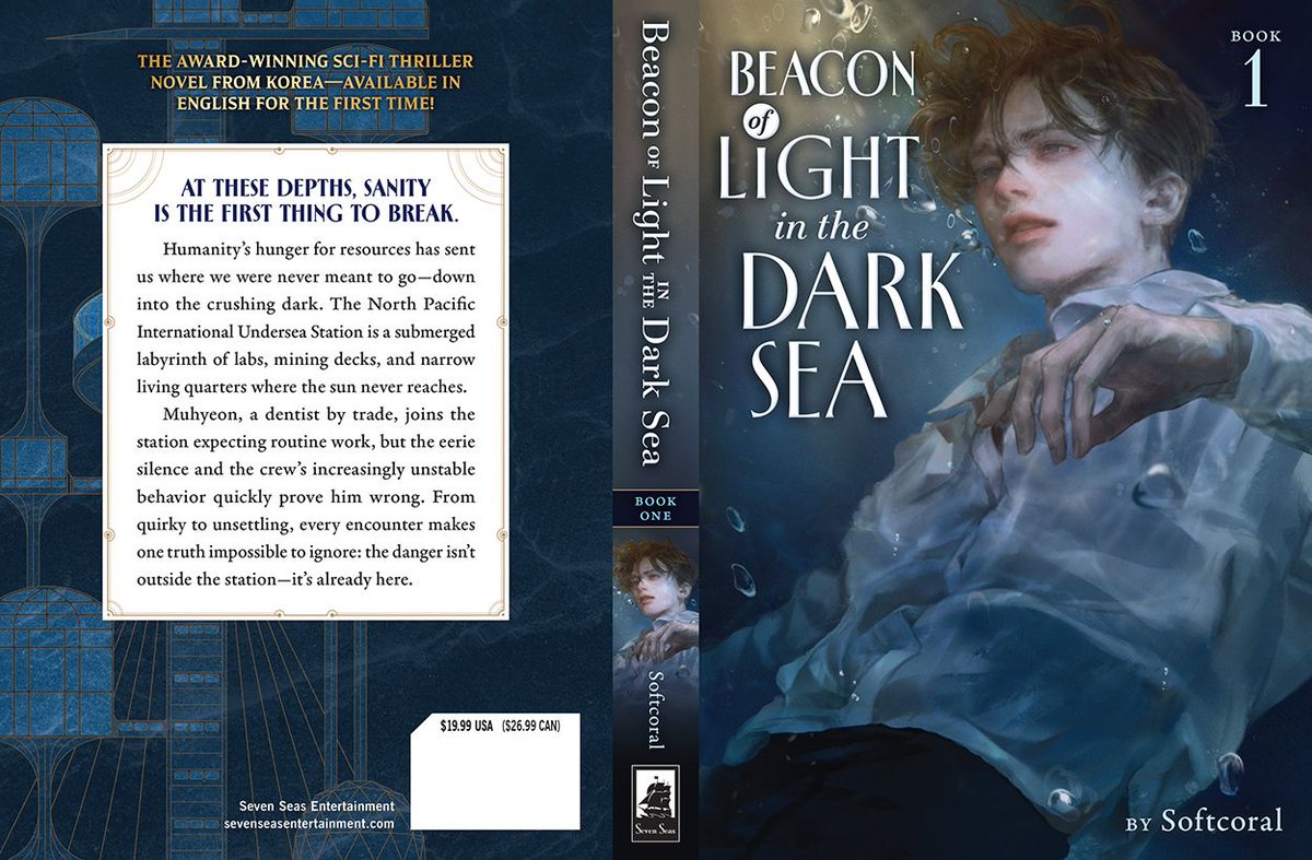 gomanga's tweet image. New cover reveal! ✨ BEACON OF LIGHT IN THE DARK SEA (NOVEL) Vol. 1 by Softcoral, the award-winning sci-fi thriller novel from Korea, with cover art by Ryeomi (려미)!

Out in English print/digital this May—pre-order now!
sevenseasentertainment.com/books/beacon-o…