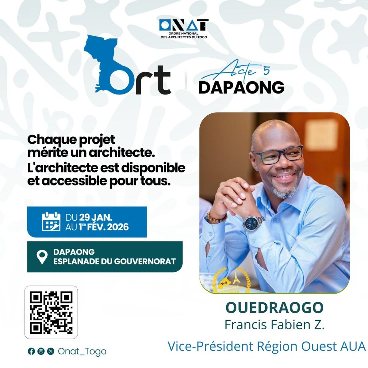 𝗜𝗹 𝘀𝗲𝗿𝗮 𝗮𝘃𝗲𝗰 𝗻𝗼𝘂𝘀 𝗮̀ 𝗗𝗮𝗽𝗮𝗼𝗻𝗴 !  

𝗠𝗼𝗻𝘀𝗶𝗲𝘂𝗿 𝗢𝗨𝗘𝗗𝗥𝗔𝗢𝗚𝗢 𝗙𝗿𝗮𝗻𝗰𝗶𝘀 𝗙𝗮𝗯𝗶𝗲𝗻 𝗭., 𝗩𝗶𝗰𝗲-𝗣𝗿𝗲́𝘀𝗶𝗱𝗲𝗻𝘁 𝗱𝗲 𝗹𝗮 𝗥𝗲́𝗴𝗶𝗼𝗻 𝗢𝘂𝗲𝘀𝘁 𝗱𝗲 𝗹’𝗔𝗨𝗔, confirme sa présence à l’Acte 5 de l’ORT.

#Togo <a href="/Tgtwittos/">TT228</a> <a href="/Actu_228/">TgTwittos Actu</a>