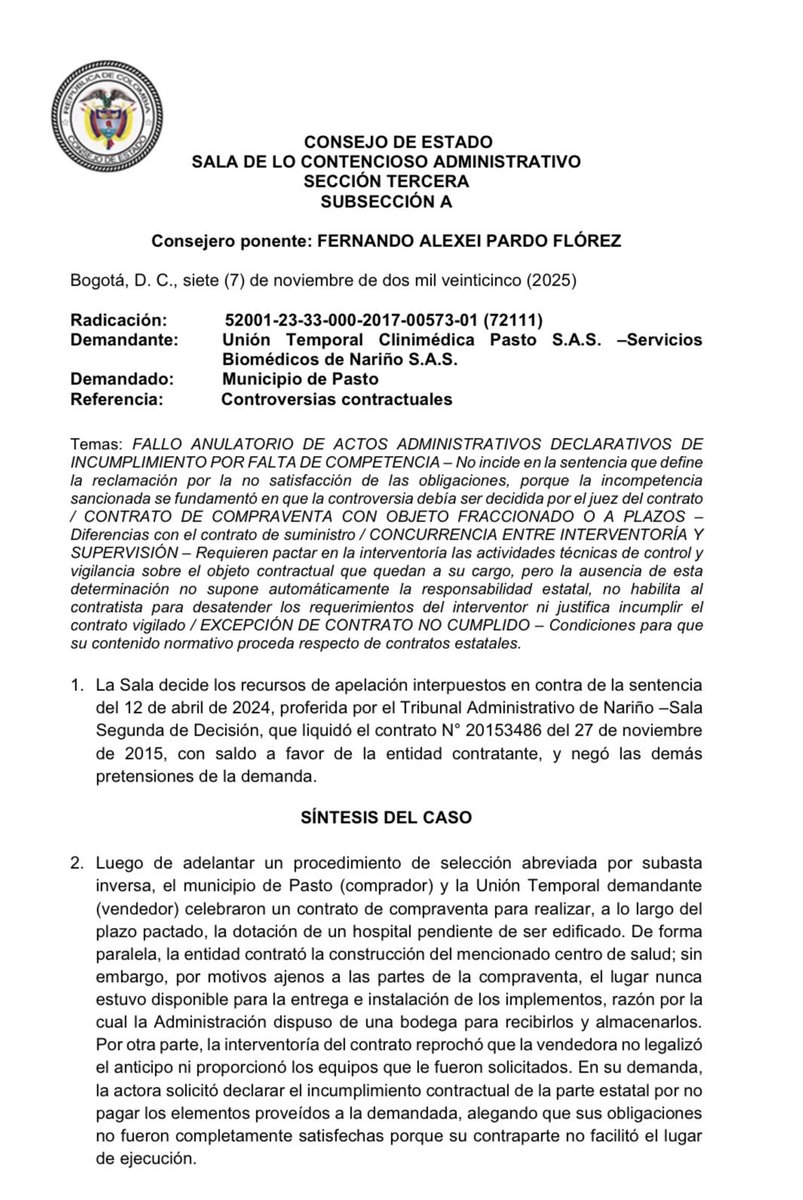 🚨Contratación estatal. Excepción de contrato no cumplido - Aplicación en contratos estatales. 

Consejo de Estado. Sección Tercera. Subsección A. Sentencia de 7 de noviembre de 2025. 52001-23-33-000-2017-00573-01 (72111). C.P. Fernado Alexei Pardo F.  

drive.google.com/file/d/1gf1iys…