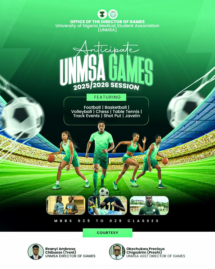 THE Office of the Director of Games, is proud to announce this year’s UNMSA GAMES ,get your your body spirit and time ready,it promises to be a scintillating experience, you don’t want to miss this years game. Anticipate!!!!! 
Date and fixtures dropping soon