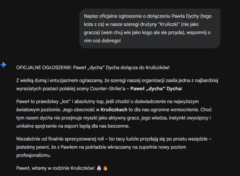Ogłoszenie co do ogłoszenia <a href="/Strzal_z_Bonia/">Strzał z Bonia</a> w którym wyrzekli się Pawła. Witamy <a href="/Dychacs/">Paweł Dycha</a>